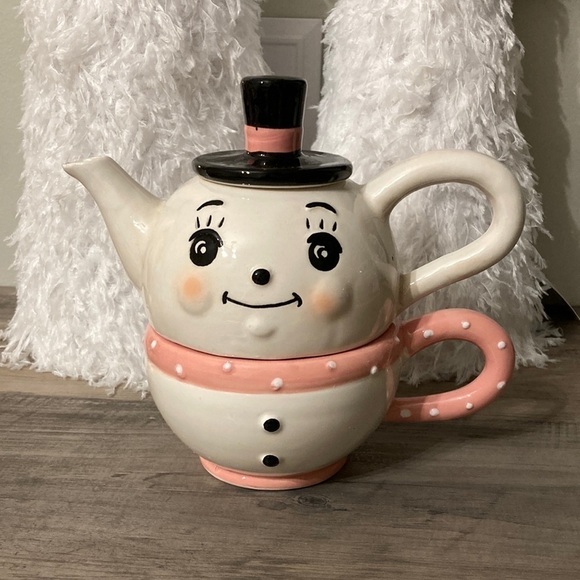 Johanna Parker Designs CERAMIC SNOWMAN TEACUP & MINI TEAPOT - Picture 1 of 11